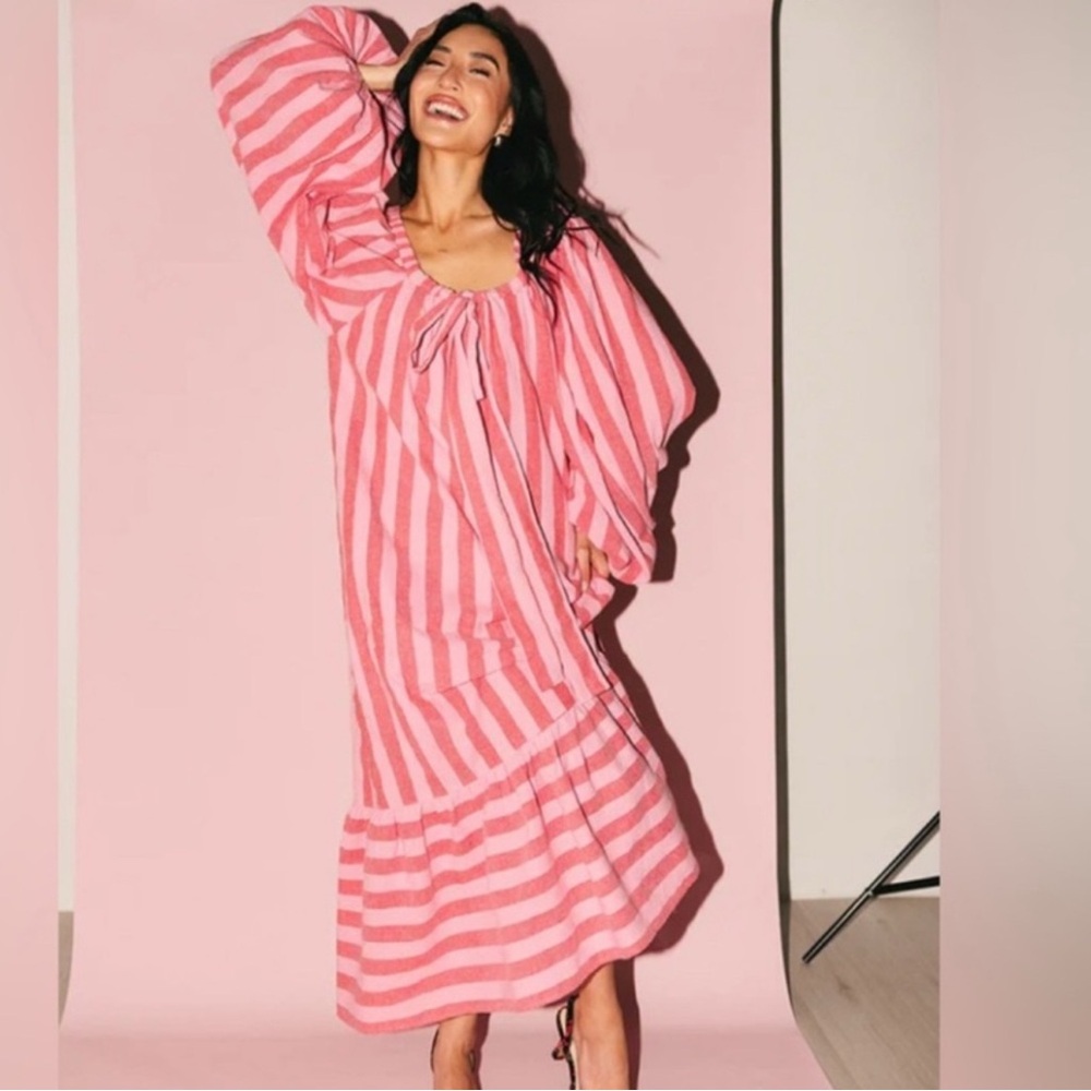 ZOCO Maxi Dress NEW XL Pink Stripe Capri Style Puff Sleeve Tiered Boho Peasant
